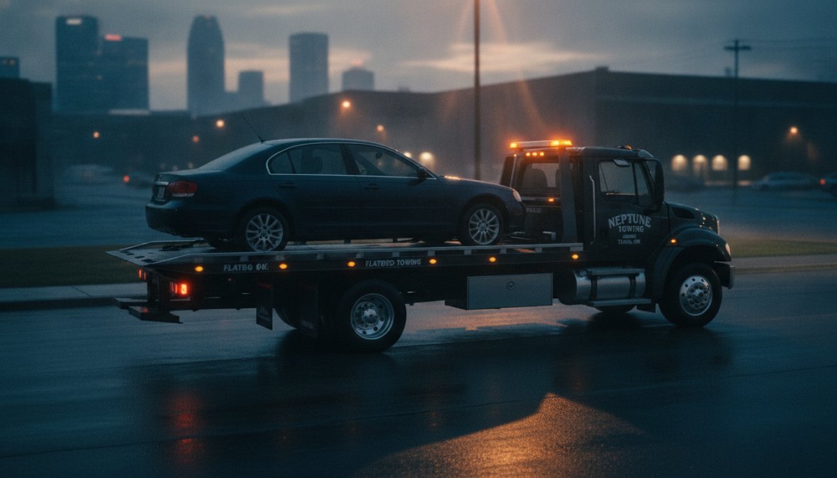 A flatbed tow truck with a sedan fully loaded on the deck, vehicle suspended above the ground with all four wheels off the pavement, secured with chains and straps, photographed during daylight with clear visibility of the loading angle