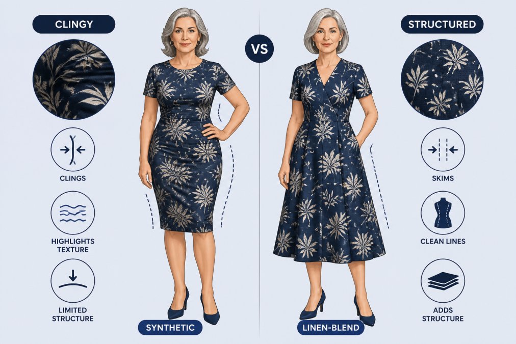 Infographic comparing fabric structure and fit in flattering fashion for women over 50 using two dress styles.