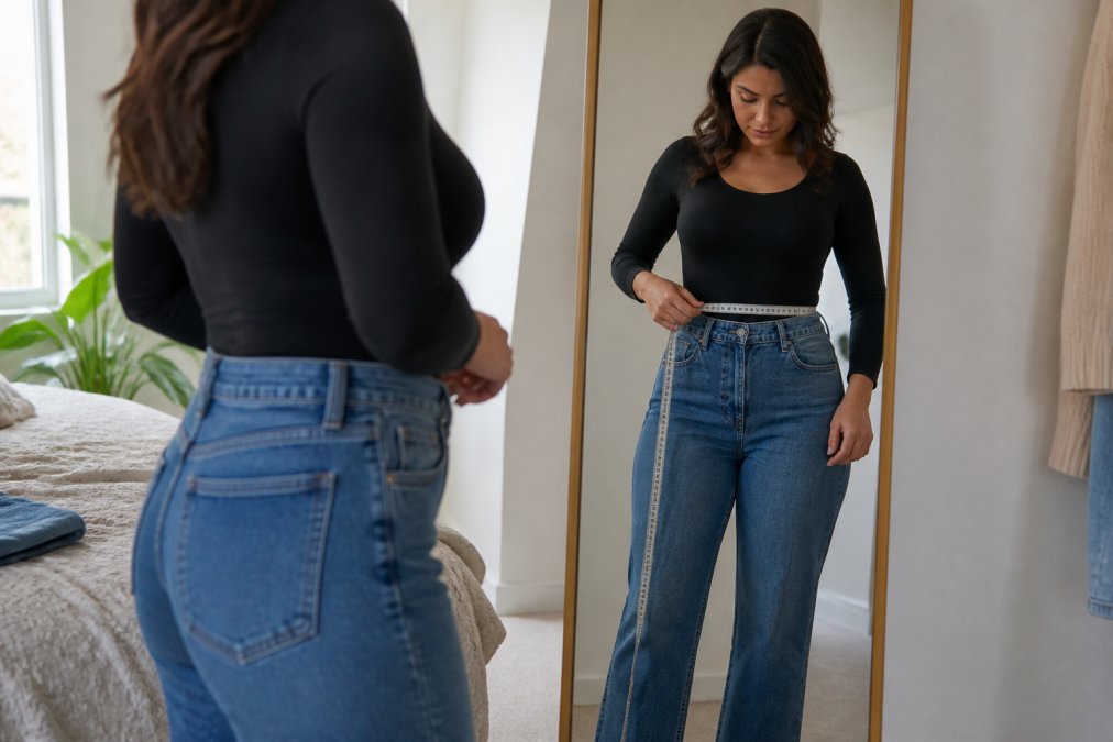 A woman with an hourglass figure standing in front of a full-length mirror at home, measuring her waist with a soft tape measure while wearing a fitted top and high-waisted jeans