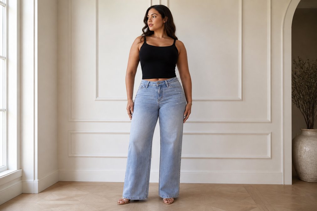 A woman with an hourglass figure wearing high-waisted wide-leg jeans in a dark wash, standing confidently against a soft white studio background, her hands relaxed at her sides, with a defined waist and balanced hip-to-waist proportion clearly visible