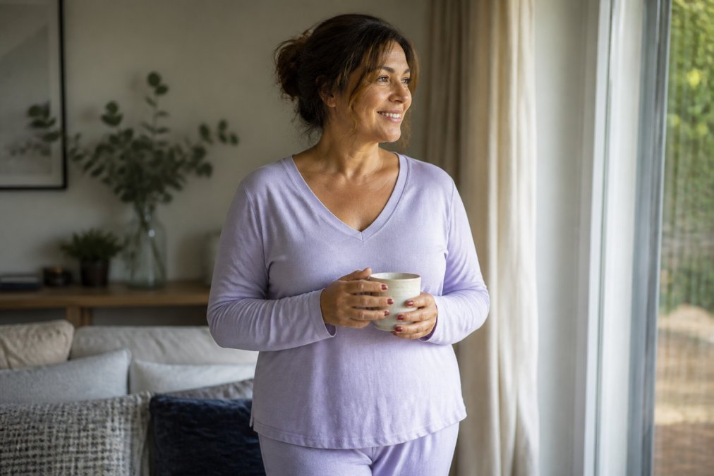 Woman wearing apple-shaped body type in a relaxed V-neck loungewear top, demonstrating how the neckline creates vertical lines and balances the midsection, photographed in soft natural window lighting