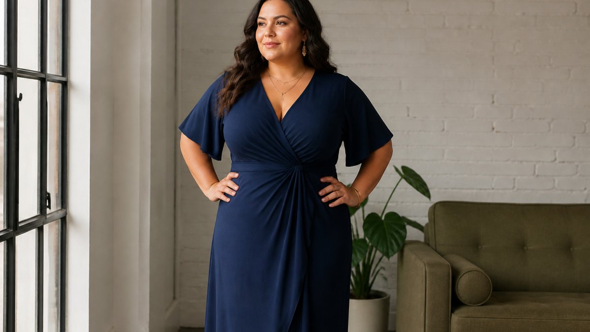 Plus-size woman wearing a V-neck dress standing confidently, showing how the neckline creates vertical lines that elongate the silhouette, natural studio lighting