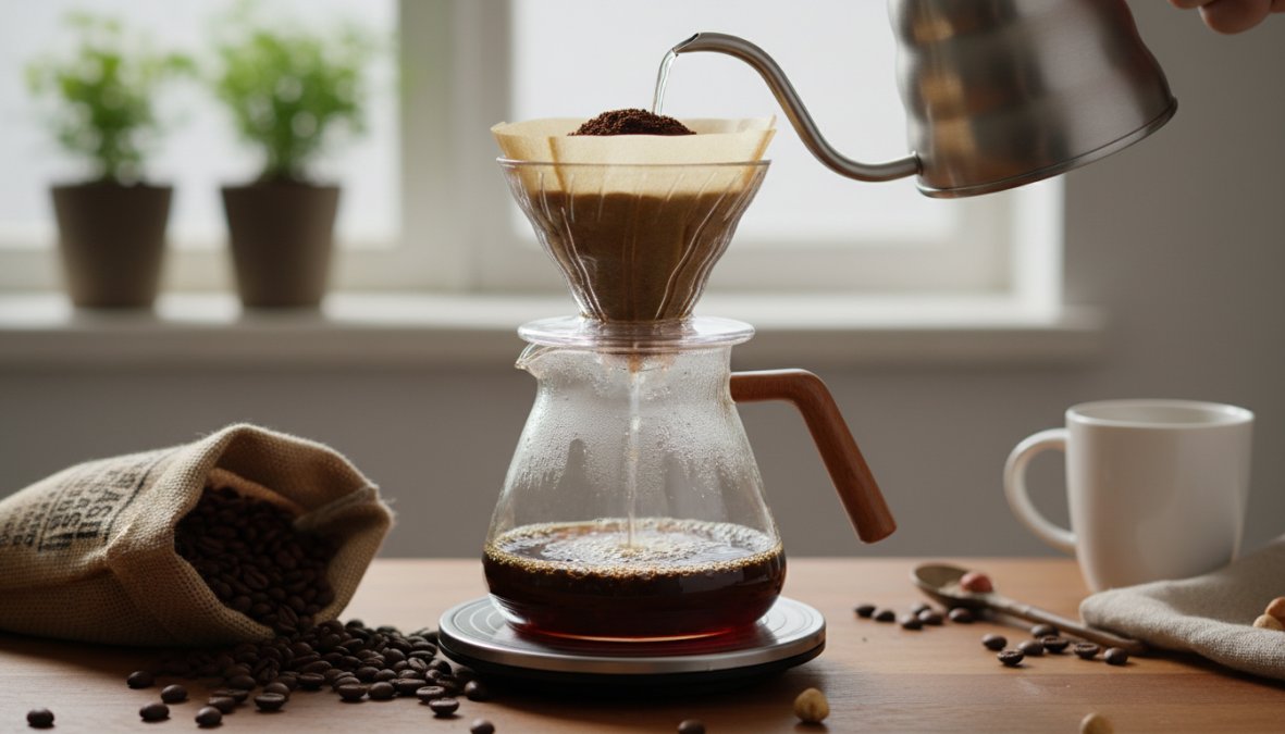 A person pouring hot water from a gooseneck kettle over a pour-over dripper filled with ground flavored coffee beans, steam rising gently, set on a clean white kitchen counter with a glass carafe below catching the brewed coffee, soft morning light from a window to the left