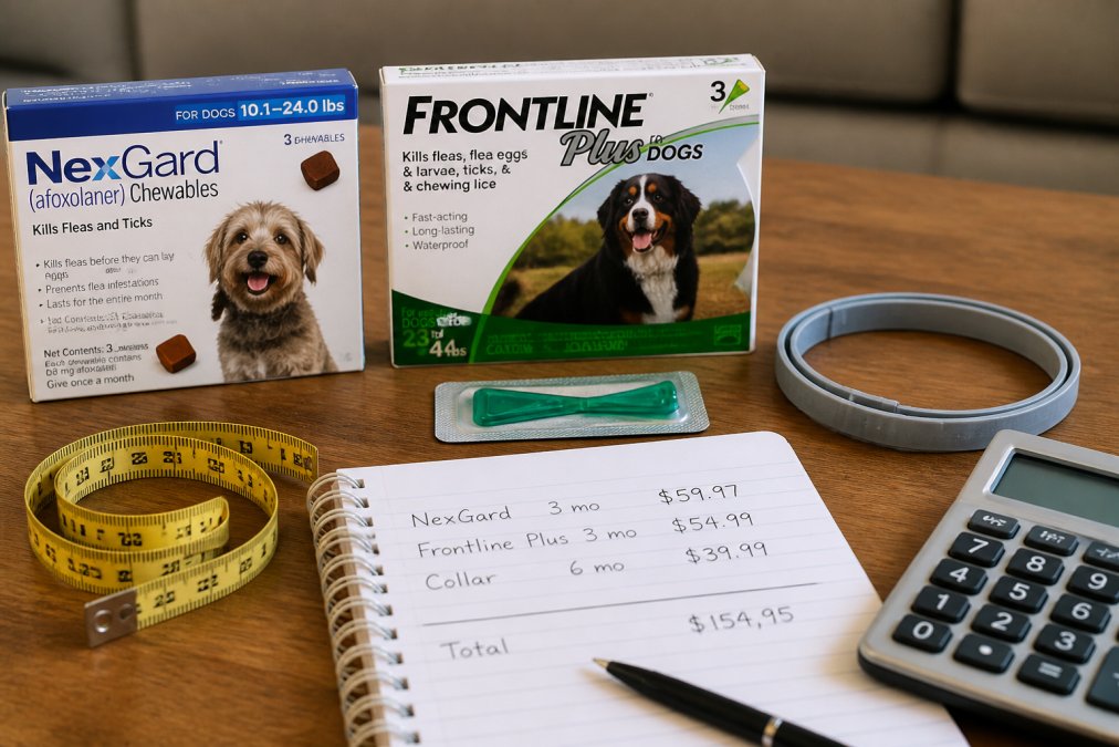 A clear display of different flea and tick prevention products for dogs arranged on a wooden table, including a box of chewable tablets, a topical applicator, and a collar, with a measuring tape and a small notebook showing cost calculations nearby