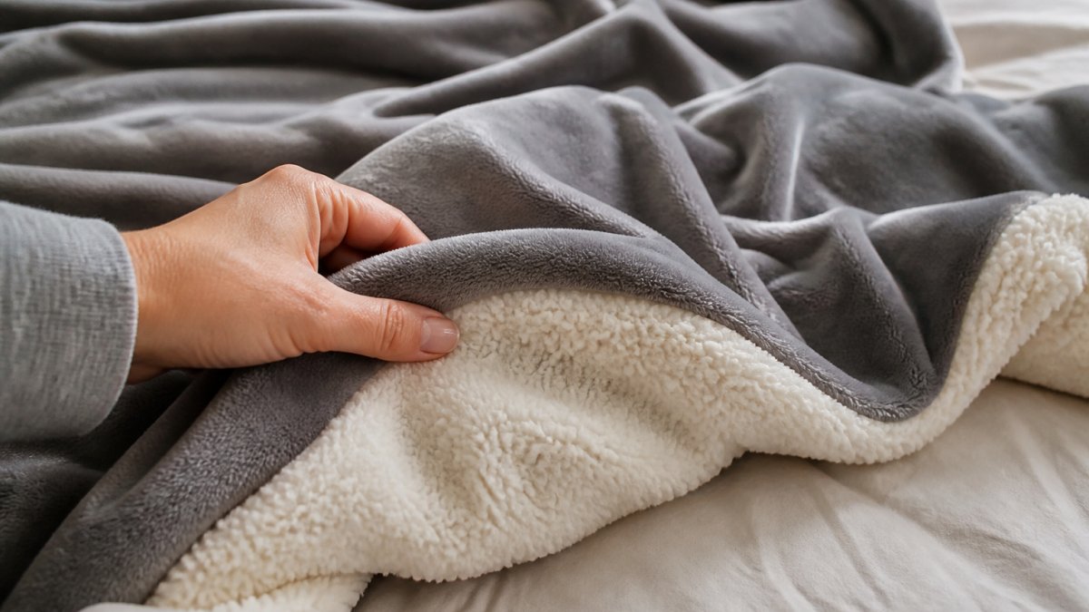 Close-up of a hand touching a soft sherpa-backed fleece blanket draped over a bed, showing the texture contrast between the smooth polyester front and fluffy sherpa backing