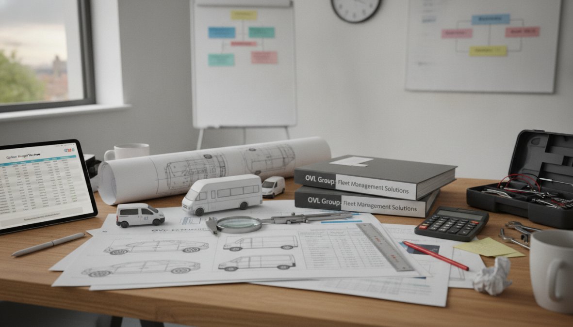 Fleet administrator reviewing vehicle maintenance logs, fuel consumption data, and cost spreadsheets on a computer in a modern office with natural lighting