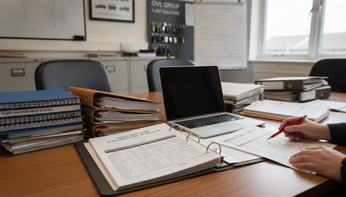 Fleet manager reviewing vehicle maintenance records and fuel logs at an office desk with multiple documents and a computer screen showing cost data