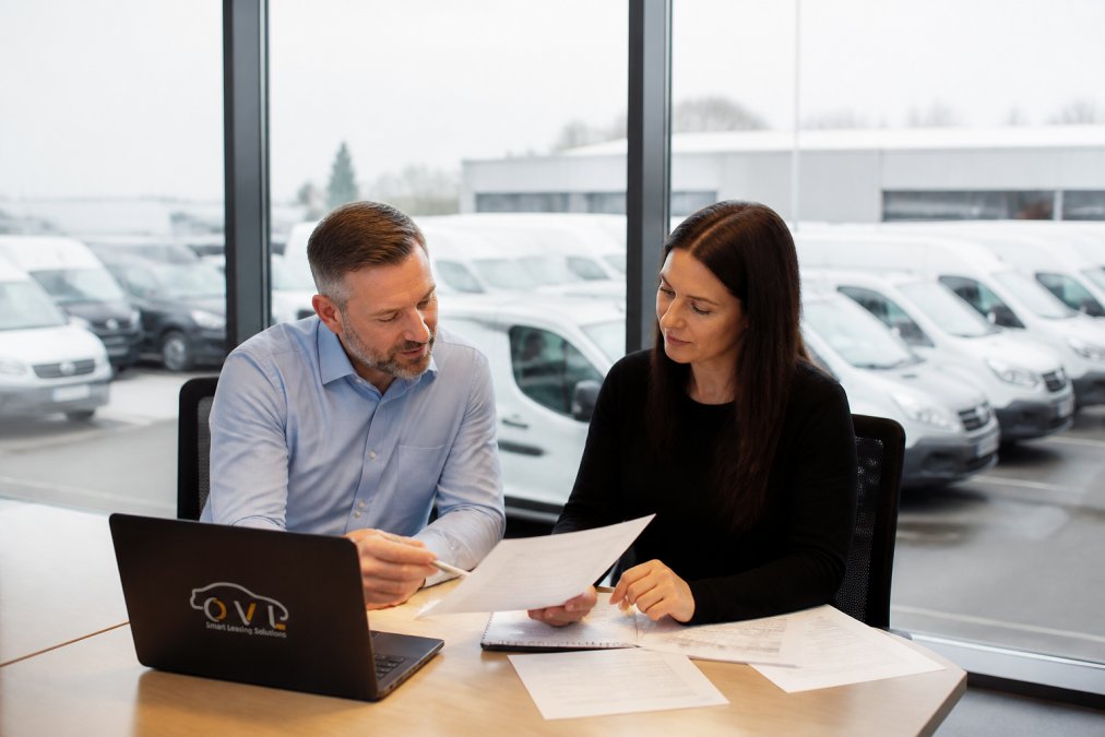 A fleet manager and a finance director reviewing vehicle paperwork and a laptop at a desk beside a window overlooking a yard of white vans, soft daylight through the glass, clean professional office setting