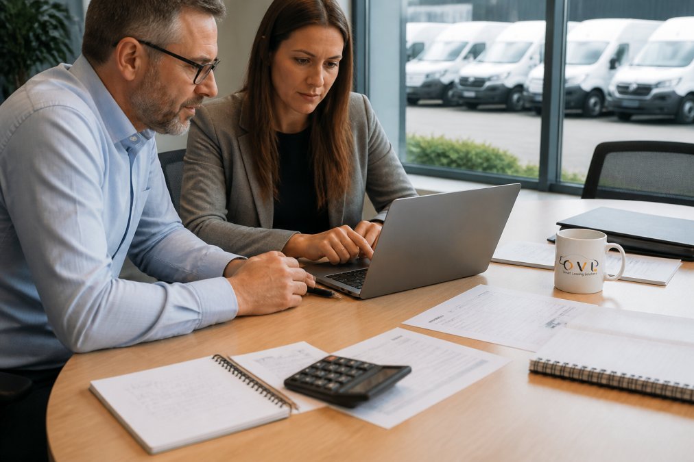 Fleet manager and finance director reviewing fleet management cost reports on a laptop in a modern office