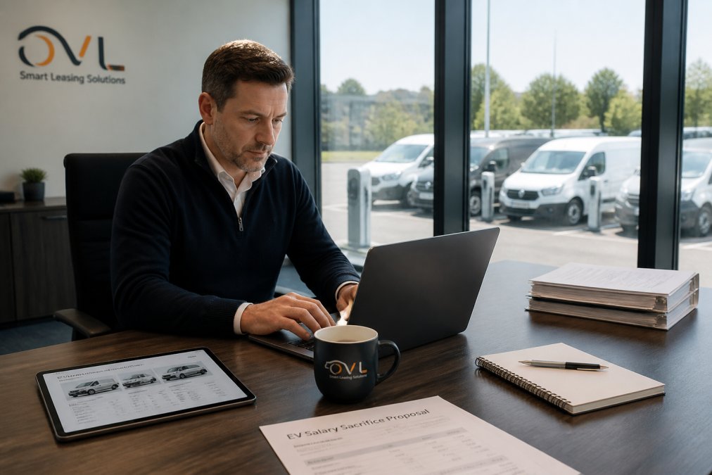 A fleet manager in a bright modern office reviewing EV salary sacrifice documentation on a laptop, with a tablet showing vehicle options nearby and a window overlooking a car park with electric vans