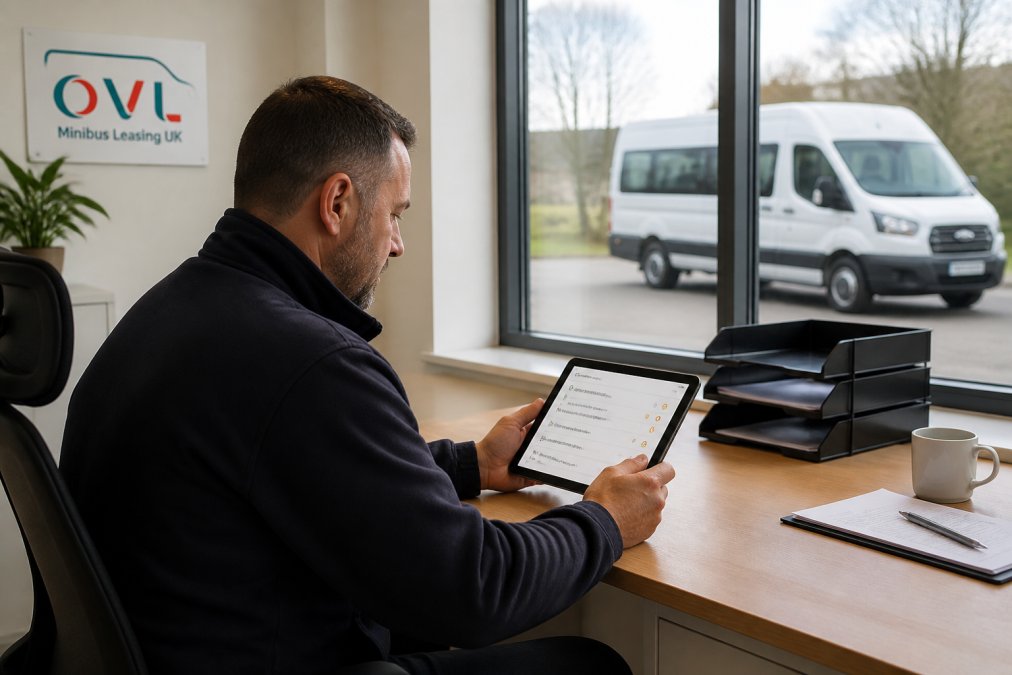 Fleet manager reviewing vehicle diagnostics and maintenance alerts on a tablet in a modern operations office, with a minibus visible through the window in the background