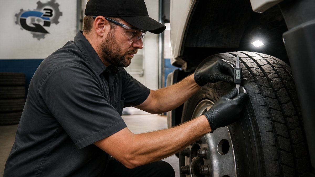 Mechanic using a digital gauge to measure tread depth for fleet tire management in a service bay