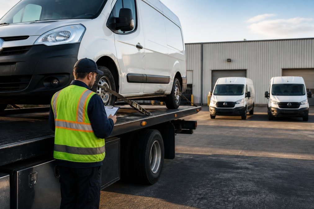 A uniformed tow truck driver in a high-visibility vest securing a white commercial cargo van onto a flatbed truck at a depot lot, clipboard in hand, with two more fleet vans parked in the background under afternoon light