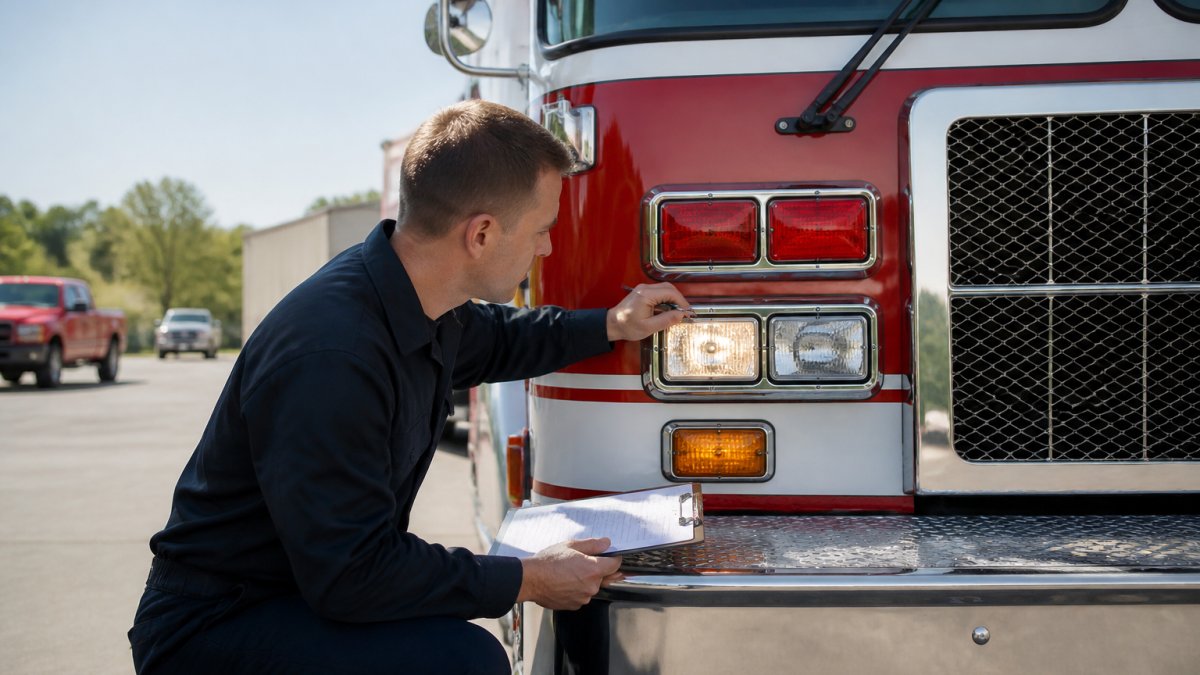 Fleet technician performing pre-trip lighting inspection on emergency vehicle, checking headlights and taillights with clipboard in hand under daylight
