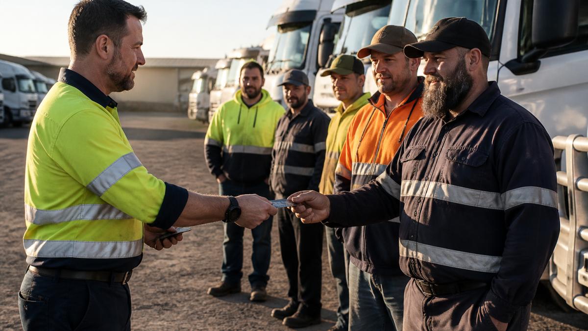 A fleet manager in a high-vis shirt handing new fuel cards to a line of truck drivers beside parked diesel trucks at a depot yard, early morning light