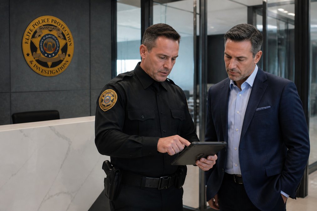 A flex security officer discussing staffing coverage with a client on a tablet in a modern office lobby