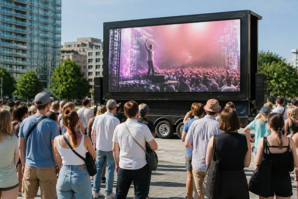 Mobile LED screen mounted on a trailer positioned at an outdoor event venue with multiple visitors viewing the displayed content in natural daylight