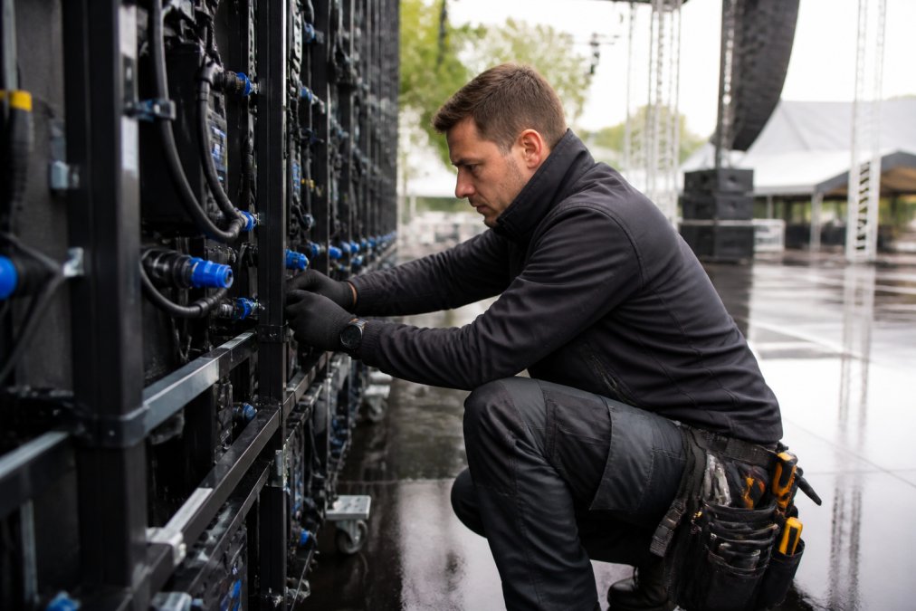 Technician carefully inspecting electrical connections and safety installation of an LED screen at an outdoor event, checking wiring and safety equipment with professional tools