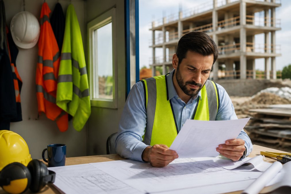Property developer reviewing construction site blueprints and insurance documents at a job site office with safety equipment visible