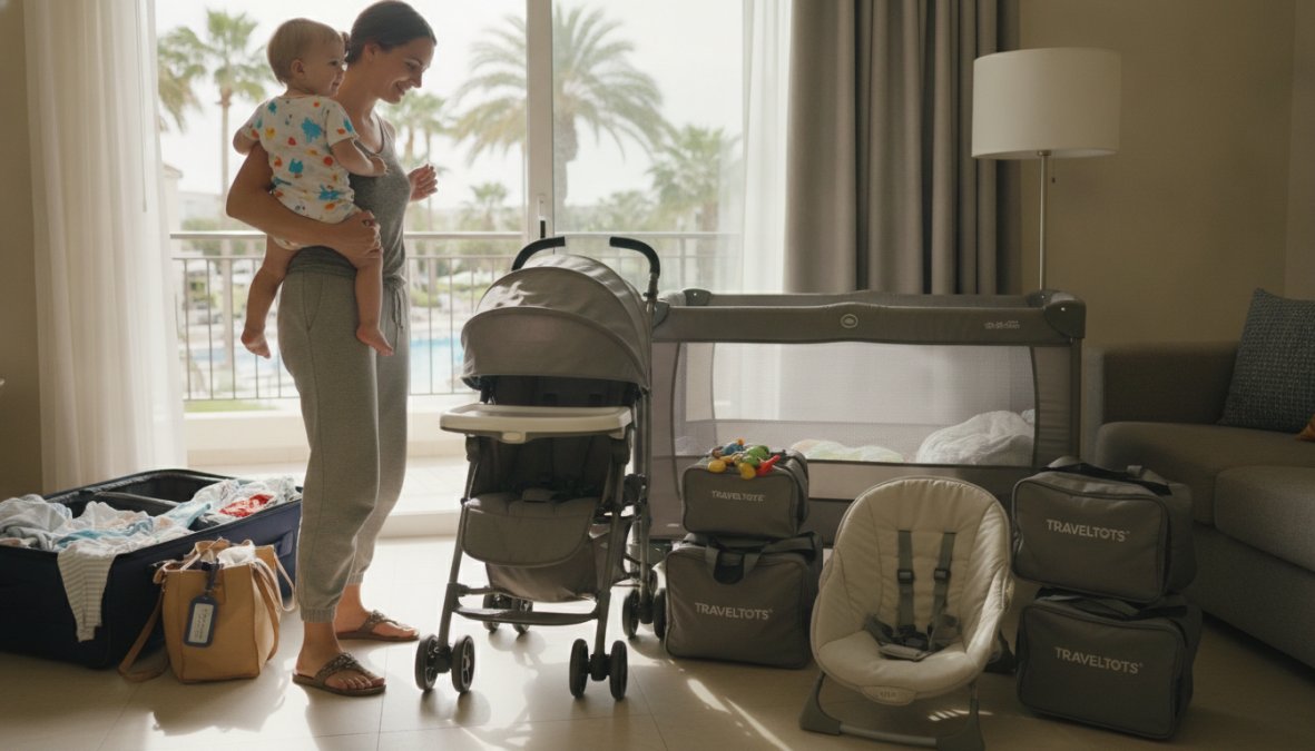 A friendly delivery person setting up a clean white travel crib inside a bright vacation rental living room, with warm natural light coming through large windows, while a smiling mother holding a baby on her hip watches nearby
