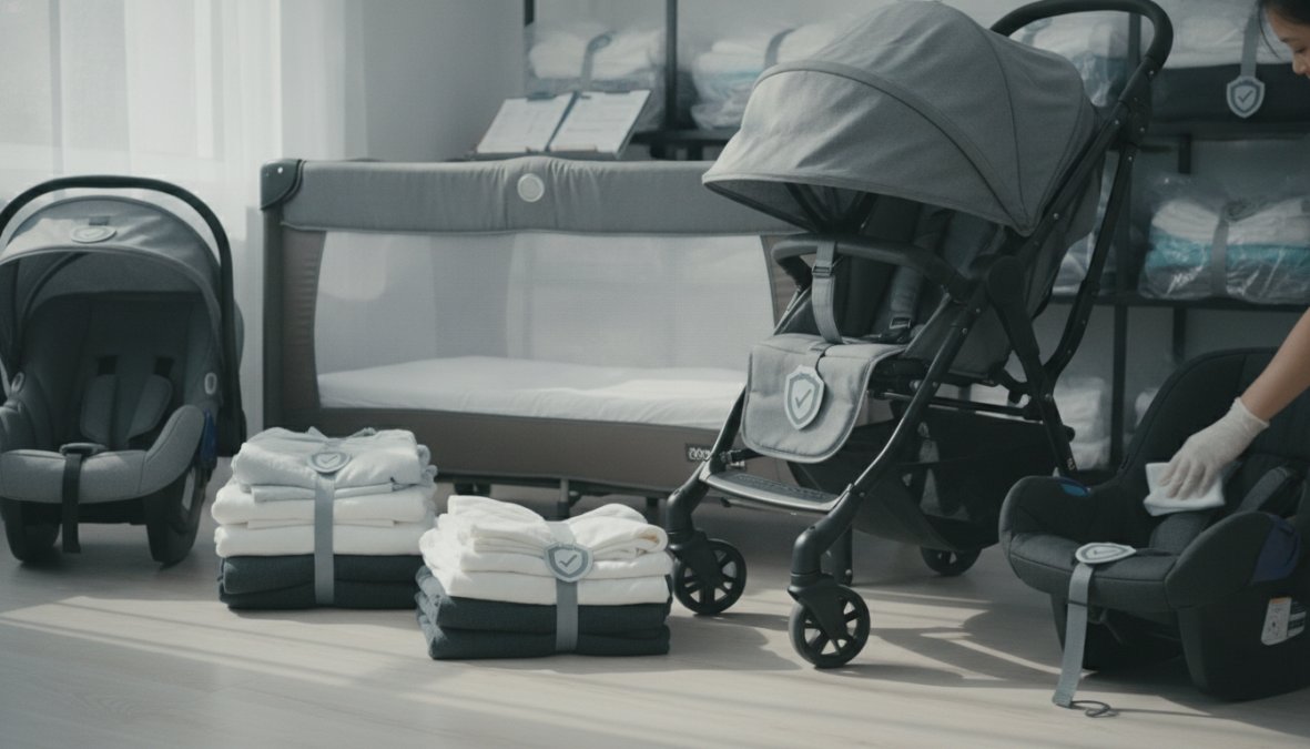 Close-up of neatly sanitized baby gear items arranged on a clean white surface: a folded compact stroller, a wooden high chair, and a pack and play with a fresh fitted sheet, photographed under bright overhead lighting before a delivery