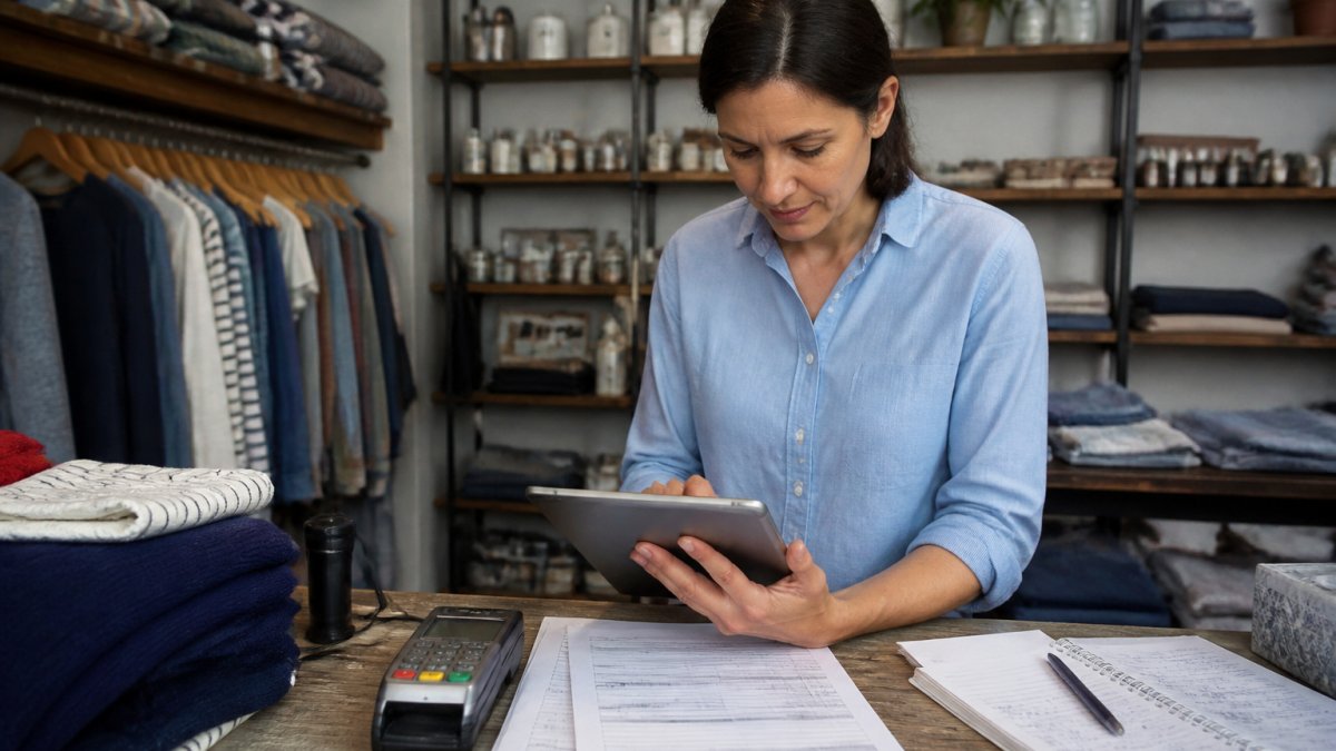 A retail shop owner at a counter reviewing finance paperwork on a tablet next to a card payment terminal, shelves of stock visible behind them