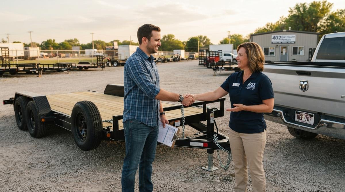 A customer shaking hands with a rental staff member beside a clean, well-maintained car hauler trailer hitched to a pickup truck in a rental lot during late afternoon light