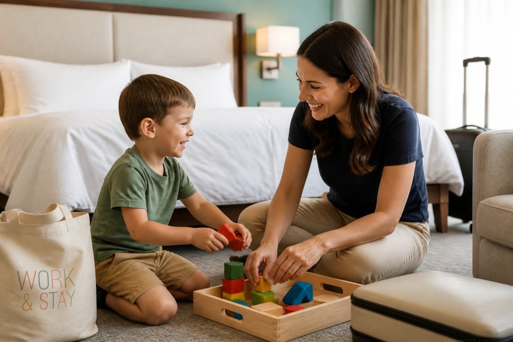 Young child playing happily with smiling caregiver in hotel room, showing positive interaction and comfort building