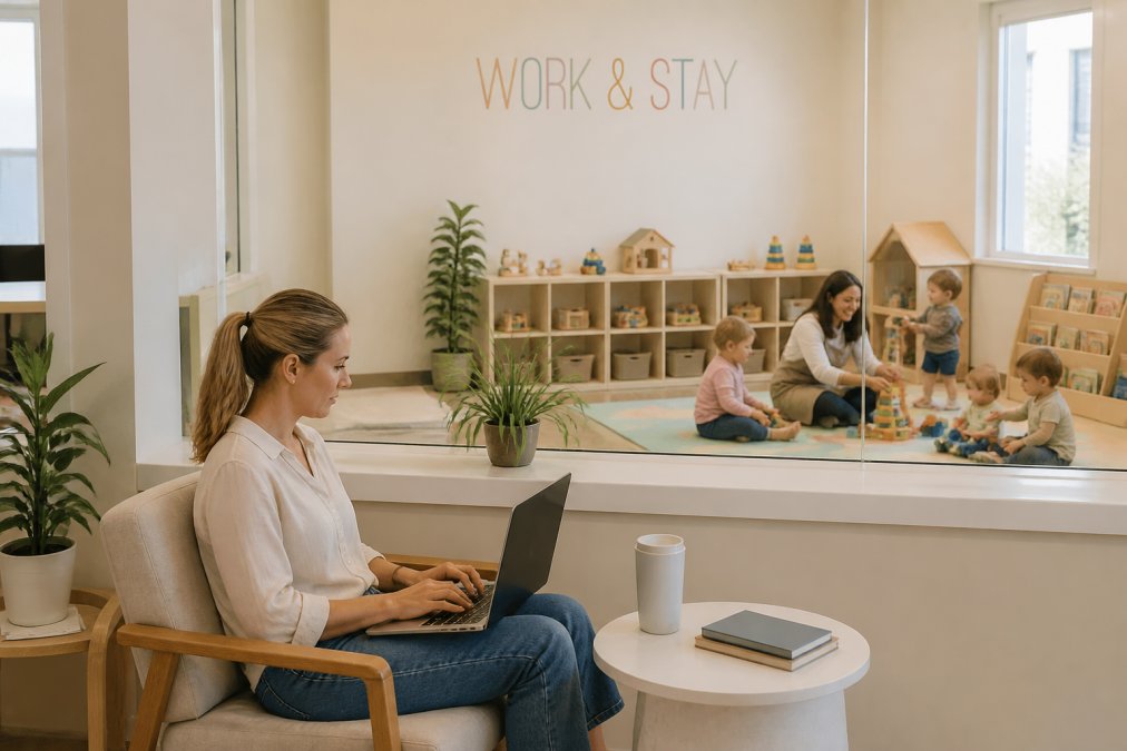 A parent working on a laptop in a bright, modern coworking lounge, with a large window looking into a separate, colorful childcare playroom where a caregiver supervises young children