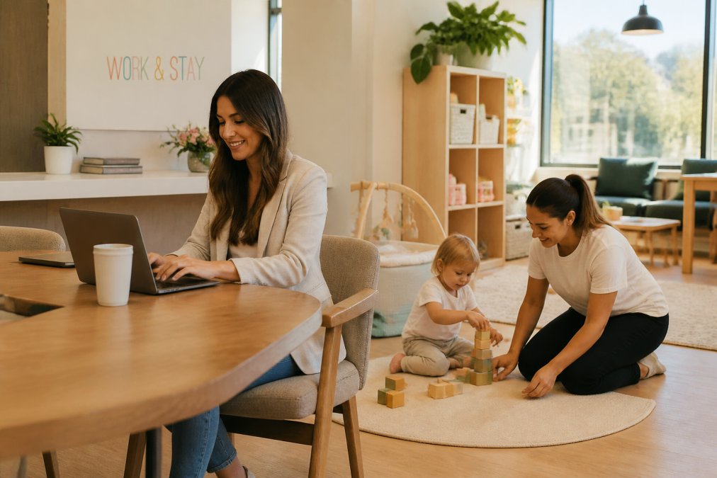 Parent working on a laptop while a toddler plays nearby, highlighting the convenience of flexible childcare.