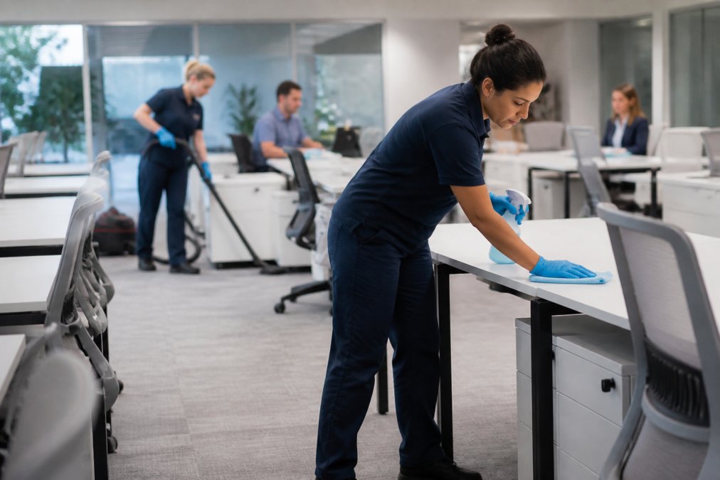 Professional cleaning team using flexible cleaning schedules to sanitize office desks and surfaces
