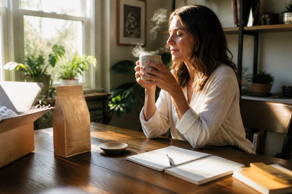 Remote professional at a minimalist home office desk with a steaming cup of coffee, morning sunlight streaming through a window, a coffee bag and subscription materials visible on the desk
