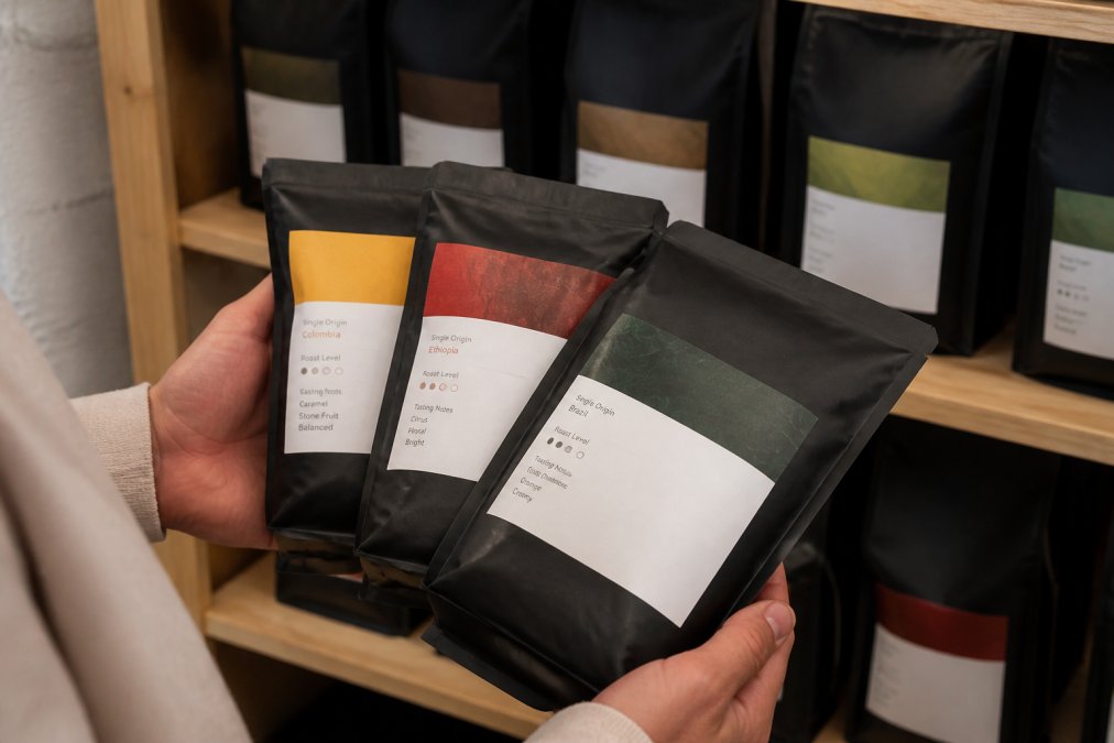 Close-up of hands holding multiple coffee bags of varying roasts and origins arranged on a shelf, showing single-origin labels and roast profile descriptions