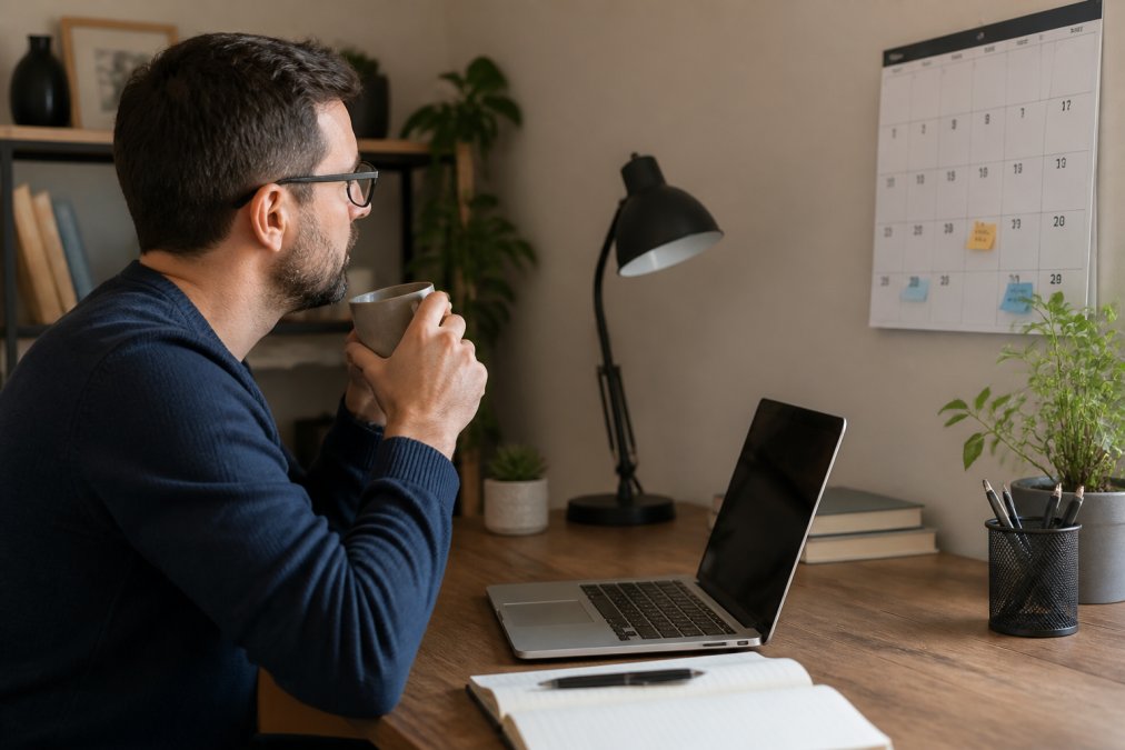 Remote professional at home desk with coffee cup, laptop, and calendar visible, showing flexibility in work routine and morning schedule