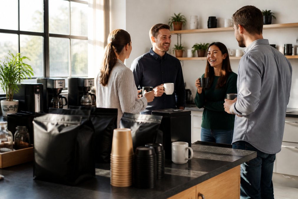 Modern office breakroom with multiple coffee cups, team members chatting casually, bulk coffee supplies visible on counter, natural light streaming in