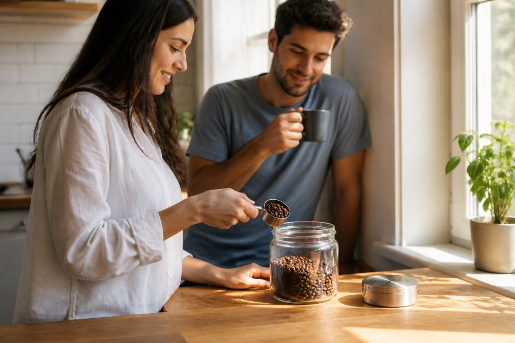 A clear glass coffee canister with a metal lid on a wooden kitchen counter, a small scoop of roasted beans beside it, soft morning light streaming through a nearby window