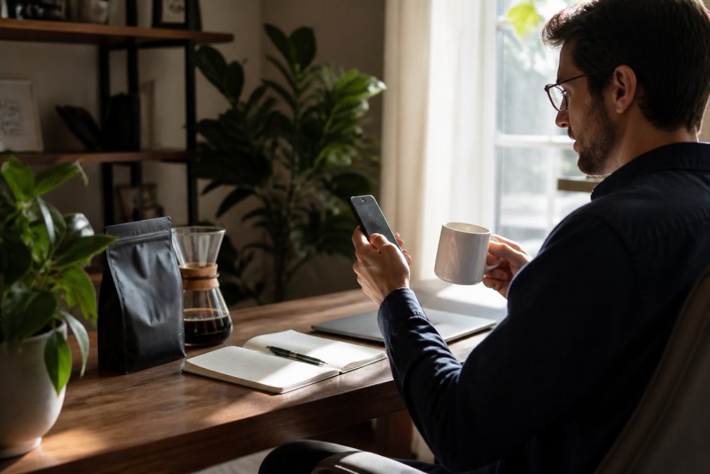 Remote professional at home office desk with fresh cup of coffee, laptop open, checking coffee subscription delivery schedule on smartphone, natural morning light streaming through window