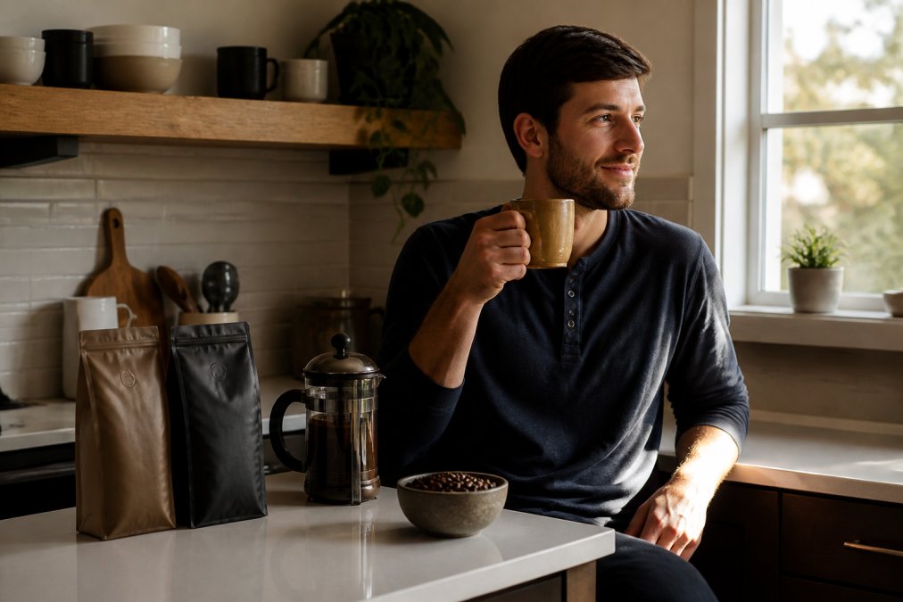 Remote worker enjoying fresh coffee at kitchen counter with whole bean coffee bags and brewing equipment visible in background, morning natural light, home office setup