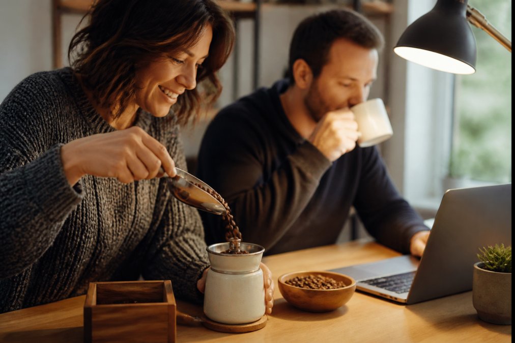 Freshly roasted whole coffee beans cascading from metal scoop into ceramic grinder on clean wooden home office desk, warm desk lamp lighting the scene