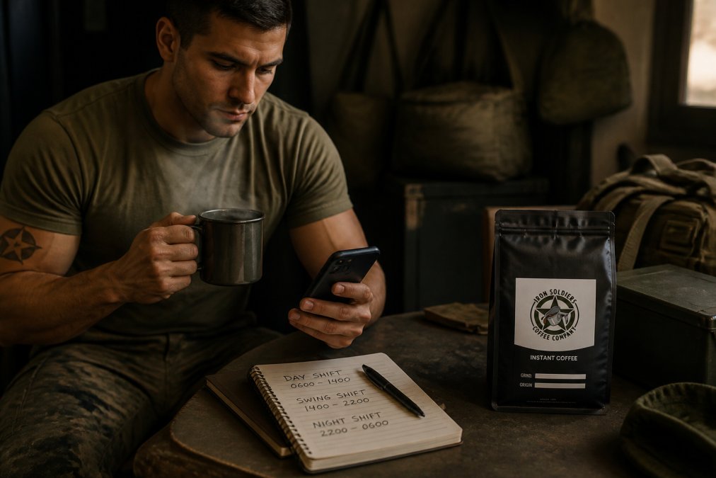 Shift worker checking a delivery schedule on their phone during a break, holding a steaming cup of coffee, with handwritten shift notes visible on a nearby surface