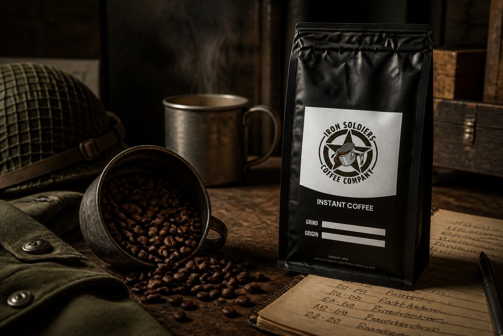 Close-up of premium whole coffee beans and an open bag showing roast profile details, with a steaming mug in the background on a work desk with shift notes