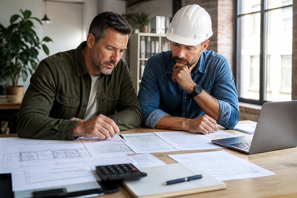 Real estate developer and contractor reviewing detailed construction budget spreadsheet, project timeline, and architectural blueprints at desk with laptop, calculator, and loan documents in modern office with natural window lighting