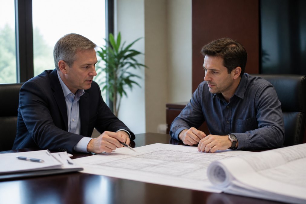 Professional construction loan officer and experienced contractor having detailed discussion about project schedule and draw timing at conference table in financial services office, with construction blueprints and project schedule visible