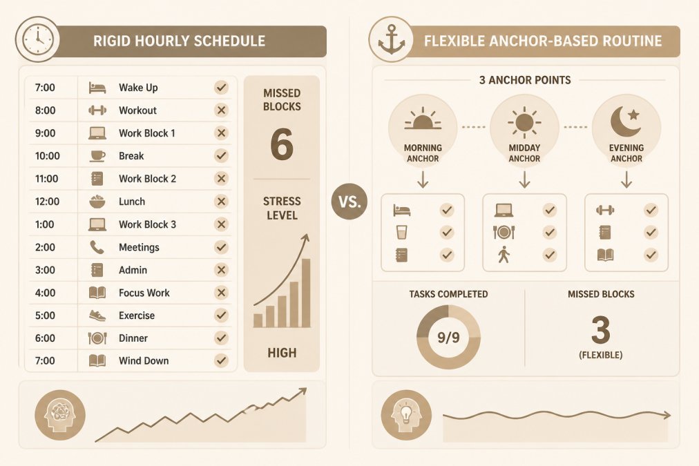 Side-by-side chart contrasting a rigid hourly schedule with a flexible anchor-based routine; rigid shows 6 missed blocks and rising stress, flexible shows 3 anchors with task completion
