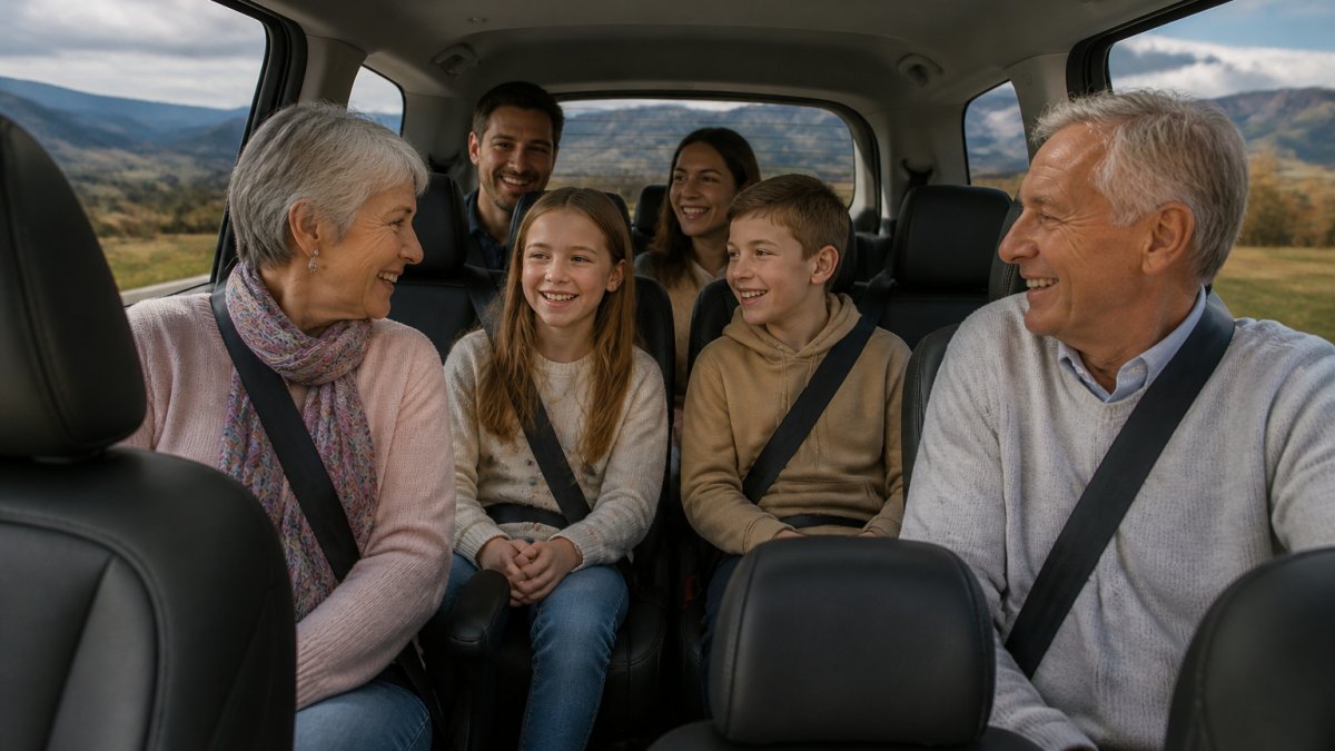 Multi-generational family (grandparents, parents, and children aged 6-12) smiling together inside a spacious, modern vehicle during a scenic drive through rolling Tasmanian landscapes, with mountains visible through the windows and natural afternoon light streaming in