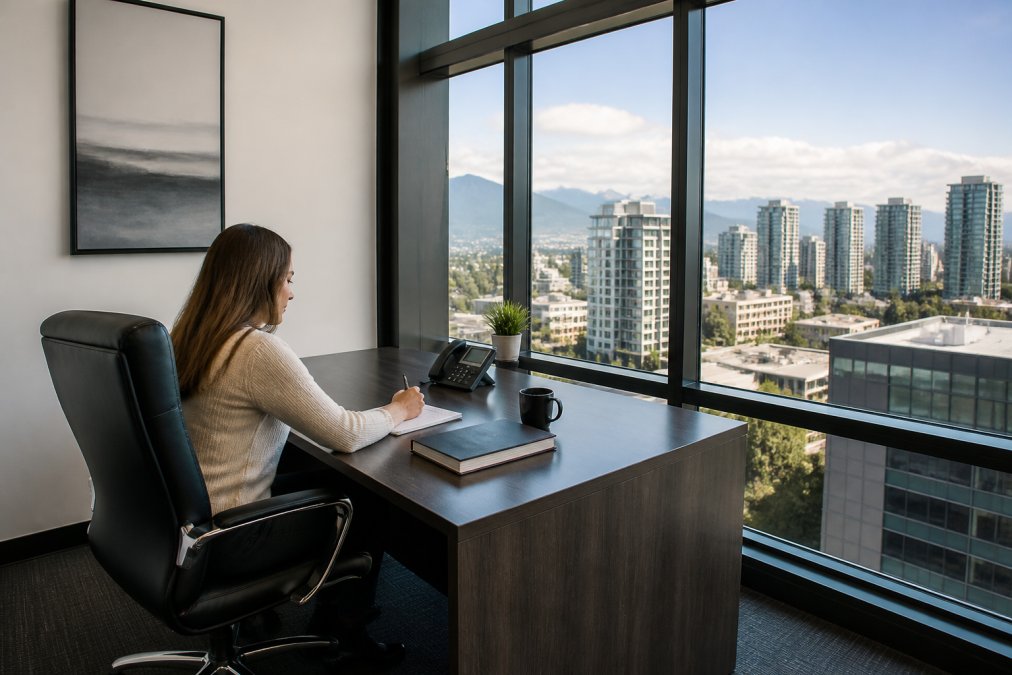Freelancer working in a modern private office with flexible desk space and a city skyline view