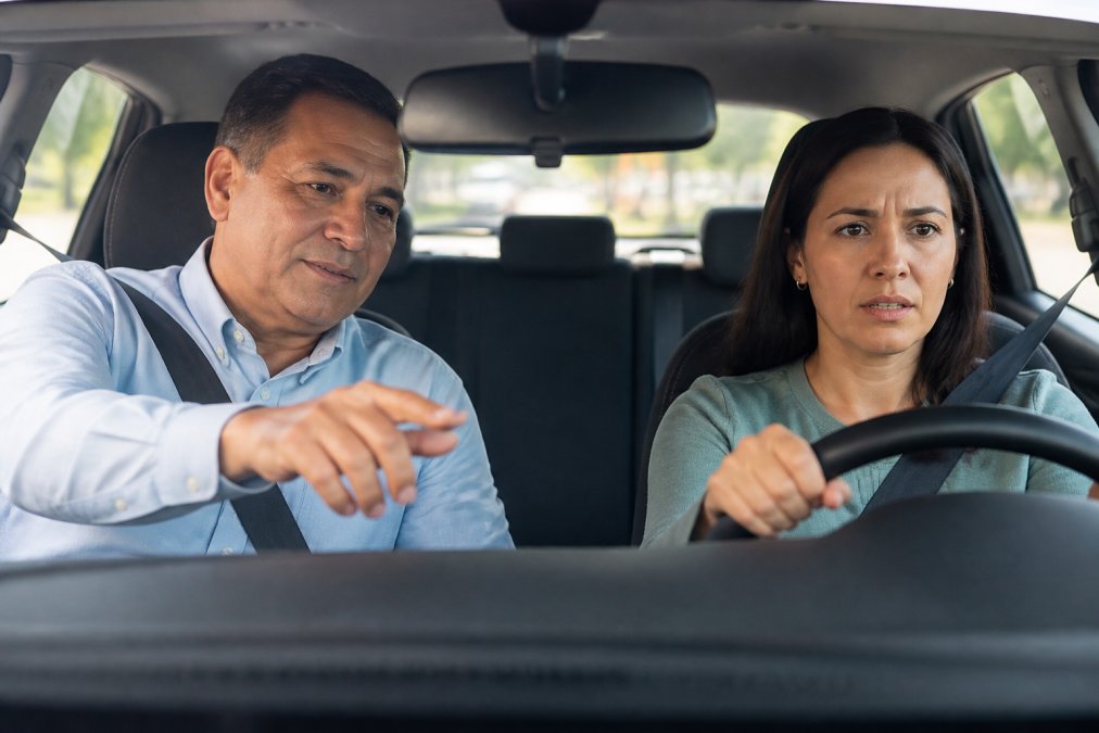 Calm, patient instructor seated beside a nervous adult driver in a car, both focused on the road ahead, bright daylight, reassuring environment