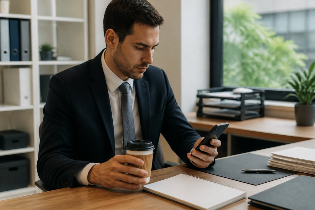 Professional adult in business attire checking calendar on phone while holding coffee, organized desk in background, planning driving lessons