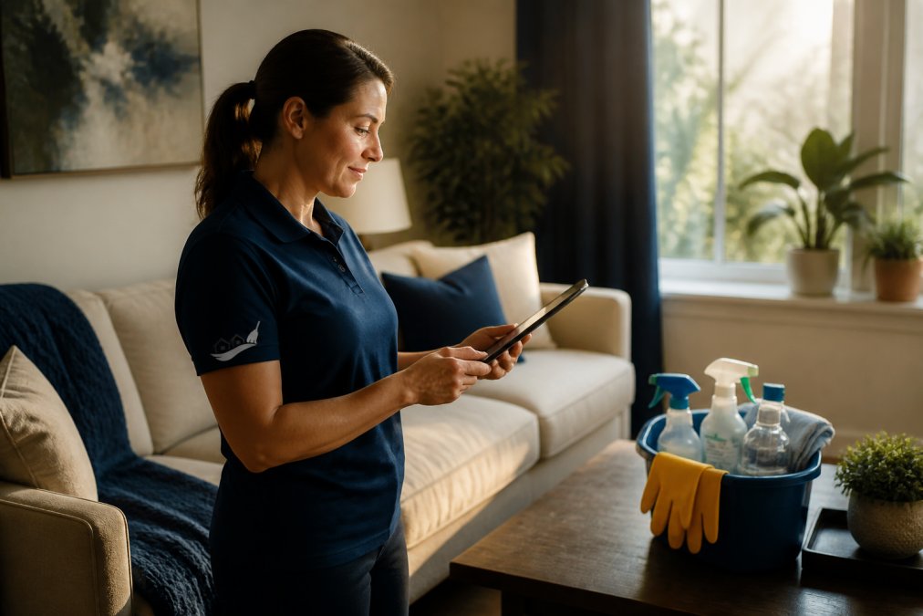 A person standing in a bright, tidy living room holding a tablet, looking at a checklist on the screen, with a cleaning caddy and supplies on a coffee table nearby