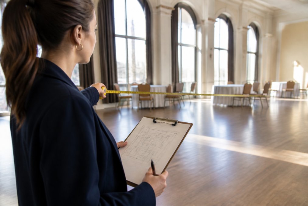 Event coordinator measuring a university ballroom space with a measuring tape, sketching layout notes on clipboard with natural light streaming through tall windows
